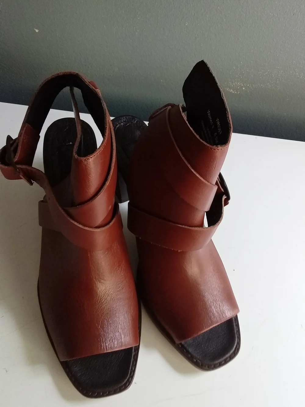 Wolverine W40363 Cognac Brown Leather Peep Toe Buckle Wrap Block Heel Boots 6.5M